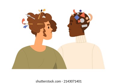 Creative vs logical analytical thinking, mind. Collaboration, interaction, ideas exchanging of diverse people with different mindset, perception. Flat vector illustration isolated on white background