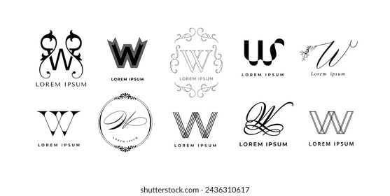 Creative W emblem. Letter w monogram for wedding invitation, wealth and wine branding template vector icon set. Luxury and minimalistic boutique badges, different isolated logotypes