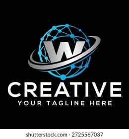 Logotipo creativo de la tecnología W letter con una esfera de red global moderna con nodos conectados y anillo de órbita. Ideal para empresas de tecnología, agencias digitales, startups, servicios de TI, negocios globales, comunicación y proyectos de marca innovadores.