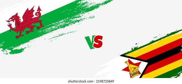 Creative Wales vs Zimbabwe brush flag illustration. Artistic brush style two country flags relationship background