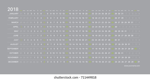 Creative wall calendar 2018 with horizontal grayscale design, sundays selected, english language. Elegant template for web, business, print, postcard, wall, bookmark and banner.