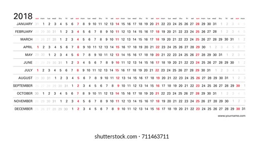 Calendário de parede criativo 2018 com design claro branco horizontal, domingo de cor escarlate selecionado, idioma inglês. Modelo elegante para web, negócios, impressão, cartão postal, parede, marcador e banner.