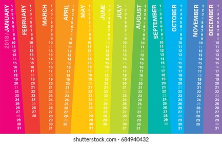 Creative wall calendar 2018 with irregular vertical rainbow design, sundays selected, english language. Multicolored template for web, business, print, postcard, wall, bookmark and banner.