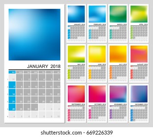 Creative wall calendar 2018 with rainbow design, sundays selected, english language. Multicolored template for web, business, print, postcard, wall and banner.