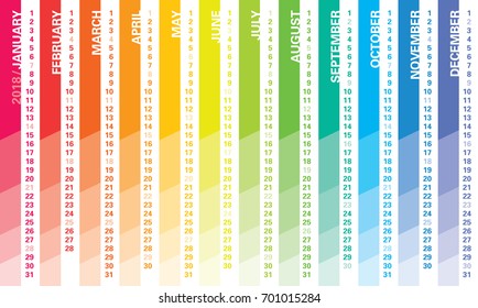 Creative wall calendar 2018 with vertical rainbow design, sundays selected, english language. Multicolored template for web, business, print, postcard, wall, bookmark and banner.