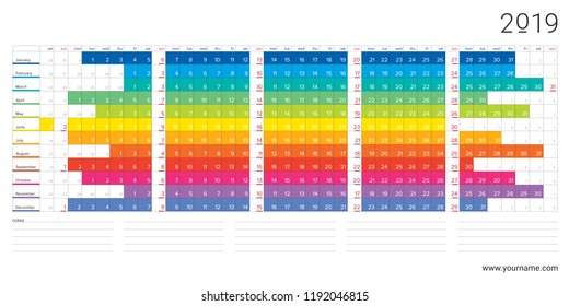 Creative wall calendar 2019 with horizontal rainbow design, sundays selected, english language. Multicolored template for web, business, print, postcard, wall, bookmark and banner.