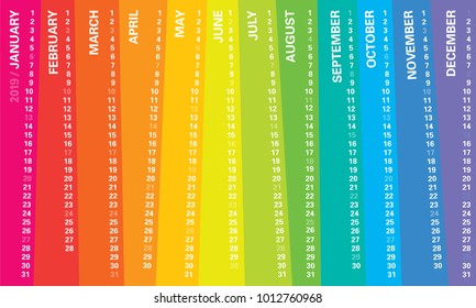 Creative wall calendar 2019 with irregular vertical rainbow design, sundays selected, english language. Multicolored template for web, business, print, postcard, wall, bookmark and banner.