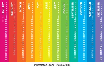 Creative wall calendar 2019 with rainbow design, sundays selected, english language. Multicolored template for web, business, print, postcard, wall and banner.