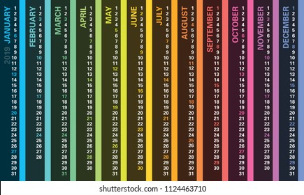 Creative wall calendar 2019 with vertical rainbow design, sundays selected, english language. Multicolored template for web, business, print, postcard, wall, bookmark and banner.