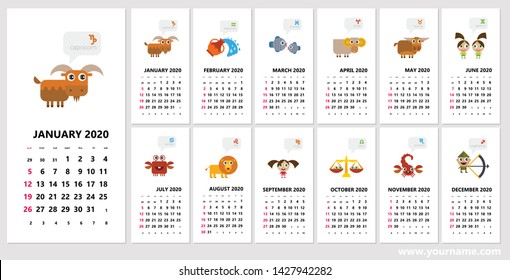 Creative wall calendar 2020 with horoscope zodiac symbols set. Week starts sunday, editable vector. Can be used for web, print, card, poster, banner, bookmarks. Classic grid, english language.