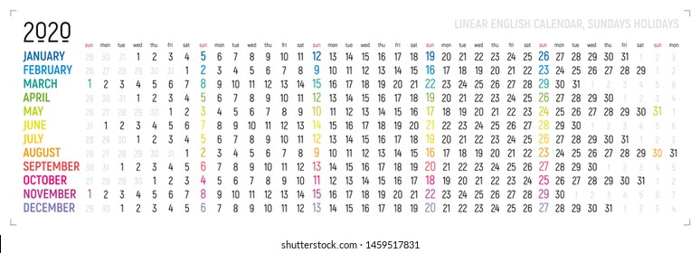 Creative wall calendar 2020 with linear rainbow design, sundays selected, english language. Multicolored template for web, business, print, postcard, wall, bookmark and banner.