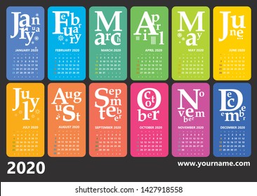 Creative wall calendar 2020 with rainbow jazzy design and type composition. Weeks starts sunday, editable vector. Classic grid, english language.