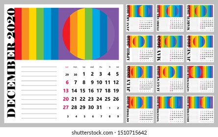 Creative wall calendar 2020 with rainbow design, week start sunday, english language. 12 months of year. Multicolored template for web, business, print, postcard, wall, bookmark and banner.