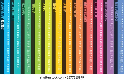 Creative wall calendar 2020 with vertical rainbow design, mondays holidays, english language. Multicolored template for web, business, print, postcard, wall, bookmark and banner.