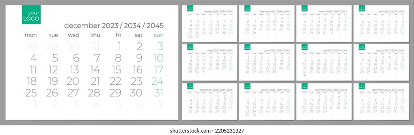 Creative wall calendar 2023 2034 2045 years. Editable vector template. Elegant roman grid. Week start on monday.