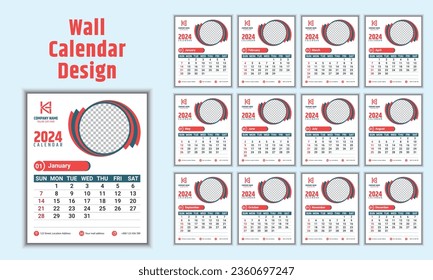 Creative wall calendar design for 2024. Week starts on Sunday and 12 months of design are included. A 
professional and suitable template for the company. Vector illustration