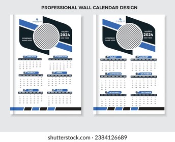 Kreatives Wandkalender-Design 2024. Print Ready Two Page Wand Kalender Vorlage Design für 2024. Die Woche beginnt am Montag.