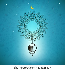 Creative wallpaper design for holy month of Muslim's Community Festival Ramadan Kareem with moon, lamp and star on floral decorated shiny blue background.