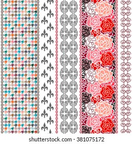 Creative wallpaper with hounds tooth print and bohemian elements. Vintage roses, damask border, lily pattern. Abstract seamless vector. Vintage collection. Silver, pink shadows on white.