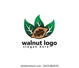 criativo nogueira logotipo noz metade com três folhas na parte de trás, modelo de design de logotipo