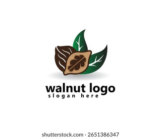 logotipo de noz criativa duas nozes com uma aberta completa com duas folhas para trás, modelo de design de logotipo