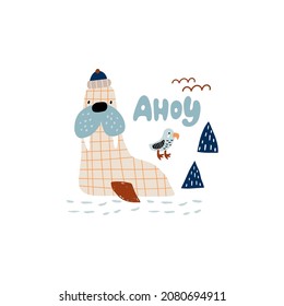 Creative Walrus fisherman isolated on white print. Nordic animal childish vector illustration