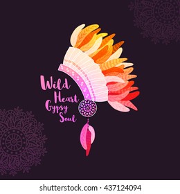 Bonnet de guerra creativa con plumas coloridas sobre fondo de decoración floral, Beautiful Headdress, Hand dibujó la ilustración vectorial de estilo boho.