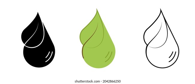 Colocación creativa de agua y conjunto de iconos de hoja. Contiene símbolos como hoja lisa, gota de agua. Diseño del logo Vegan, estilo de vida saludable. Stroke editable. Colorido, silueta y juego de iconos lineales.