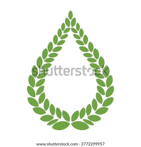 A creative water drop symbol constructed entirely from fresh green leaves. This minimalist icon represents nature conservation, sustainable living, and pure water.