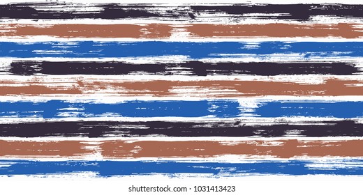 Creative watercolor brush stripes seamless pattern.Soil brown, blue and black paintbrush lines horizontal seamless texture for backdrop. Hand drown paint strokes design artwork. For cloth.