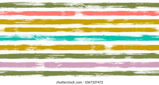 Creative watercolor brush stripes seamless pattern. Green, mustard and purple paintbrush lines horizontal seamless texture for background. Hand drown paint strokes graphic artwork. For print.