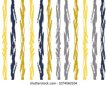 Creative watercolor brush stripes seamless pattern. Mustard yellow, grey and dark navy blue paintbrush lines vertical seamless texture for background. Hand drown paint strokes decorative artwork.