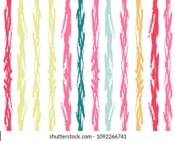 Creative watercolor brush stripes seamless pattern. Pink, red, amber, blue, and cyan paintbrush lines vertical seamless texture for background. Hand drown paint strokes graphic artwork for cloth print