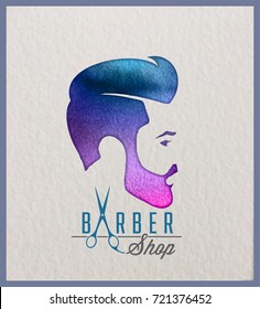 Creative watercolor logotype of man's head. Logo design for hair and barber salon. 