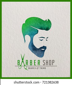 Creative watercolor logotype of man's head. Logo design for hair and barber salon. 