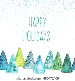 Creative watercolor with ornament abstract Christmas trees. Holiday wallpaper, New Year greeting card template with space for text.