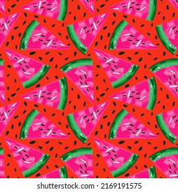 Creative watermelons seamless pattern. Hand drawn watermelon slices endless wallpaper. Cute fruit backdrop. Food design for fabric, textile print, wrapping, cover. Vector illustration