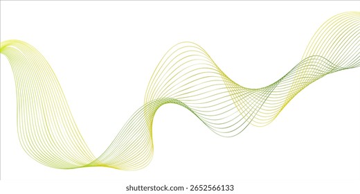 Diseño creativo de la onda que muestra líneas que fluyen en colores verdes y amarillos en un fondo blanco