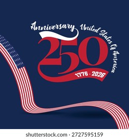 Creative Wave Style Typografie zum 250-jährigen Jubiläum der USA mit fließenden patriotischen Elementen und moderner Vektorästhetik