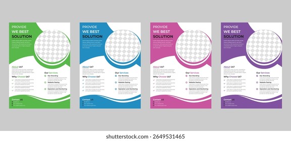 Panfletos de negócios com temática de onda criativa em verde, azul, magenta e violeta Ideal para promoção da marca, serviços da Web e promoções

