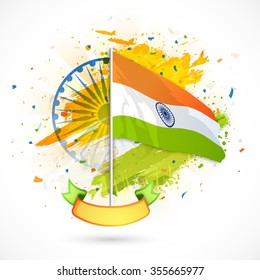 Creative waving Indian National Flag with blank ribbon on Ashoka Wheel decorated background for Happy Republic Day celebration.