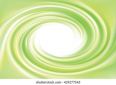 Creative wavy eddy futuristic pea color backdrop of glossy rippled curvy spraying surface. Closeup view with space for text in glowing white center in middle of funnel