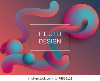 Creative wavy fluid and spherical gradient shapes flyer backdrop. 3d motion concept background, spheres and curve shapes flow. Gradient fluid elements future design. Digital illustration.