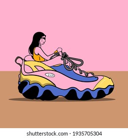 creative way of shoe advertisement, a lady is driving her shoe