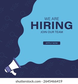 Creative "We Are Hiring" banner with megaphone illustration and apply now button on modern abstract blue background, perfect for job openings, recruitment, career opportunities, or HR promotions