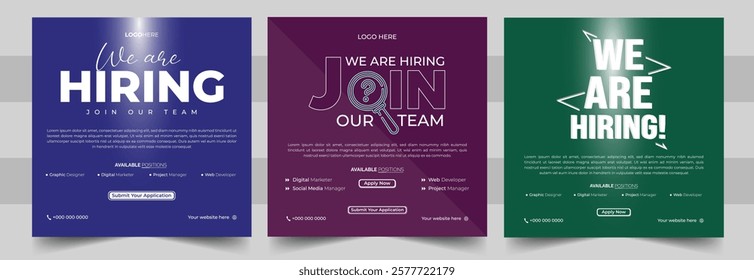 Creative We Are Hiring Job Vacancy Social Media Post Banner Design Template. Square Layout for Maximum Impact.