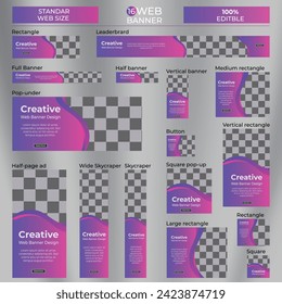 Creative web ad banner template design with blue background. vector