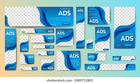 creative web ad banner template design with blue background. vector