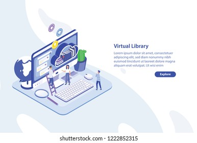 Creative web banner template with tiny people standing in front of giant computer screen and shelf of books. Virtual, electronic or online library service. Colorful isometric vector illustration.