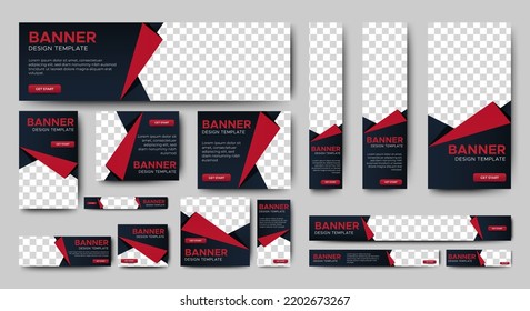 Creative web banners of standard size with a place for photos. Gradient black and red. Business ad banner. Vertical, horizontal and square template.